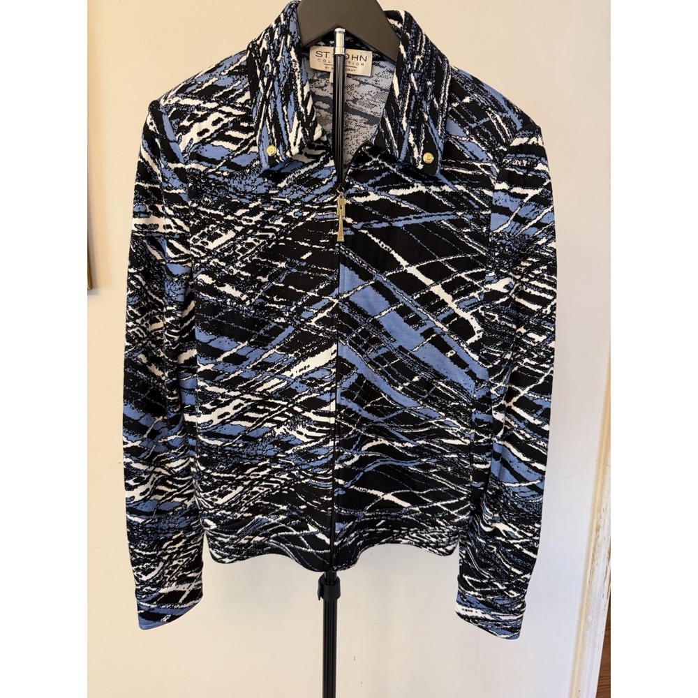 BEAUTIFUL St John jacket knit Black/blue/white Geometric Design, size 8